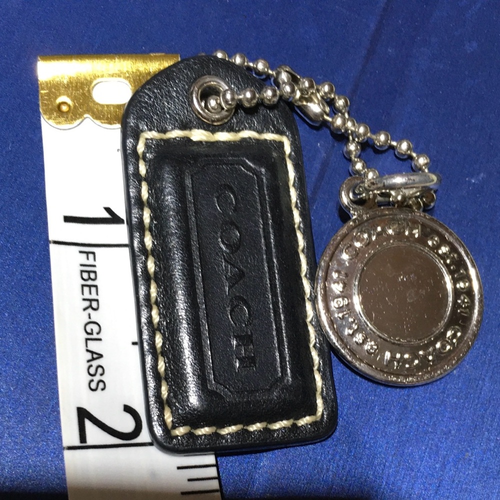 COACH Leather Hang Tag with Silver Tone Metal Button Charm Key Fob on Ball Chain